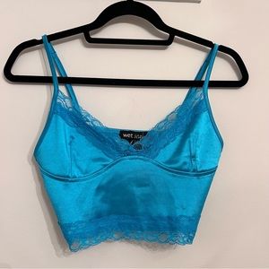 Bright blue silky lace party top with adjustable straps size medium